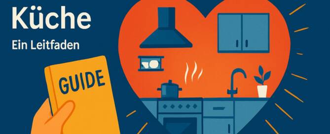 Küchenstudio Illustration einer Hand, die ein Buch mit der Aufschrift "Guide" neben einer herzförmigen Küchenszene hält; deutscher Text: "Die neue Küche - Ein Leitfaden.