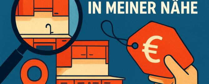Küchenstudio Illustration einer Küche unter einem Vergrößerungsglas, einer Standortmarkierung, einer Hand, die ein Preisschild mit einem Eurozeichen hält, und deutschem Text: "Küche kaufen in meiner Nähe.