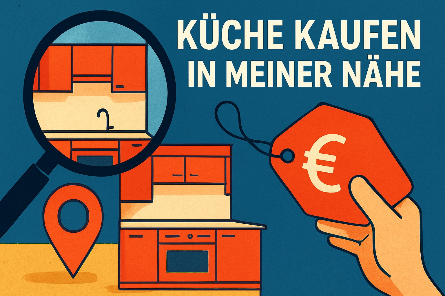 Küchenstudio Illustration einer Küche unter einem Vergrößerungsglas, einer Standortmarkierung, einer Hand, die ein Preisschild mit einem Eurozeichen hält, und deutschem Text: "Küche kaufen in meiner Nähe.