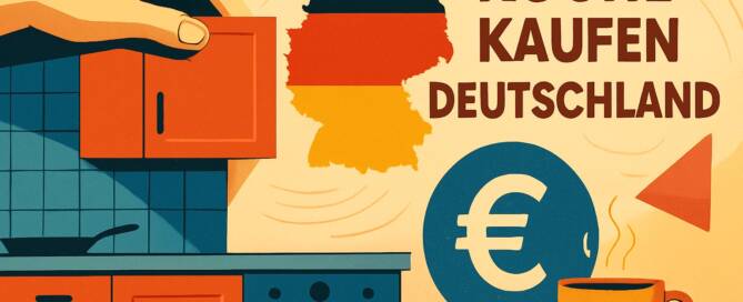 Küchenstudio Illustration einer Küche mit Schränken, einer Kaffeetasse, einem Euro-Symbol, einer Deutschlandkarte und dem Text "Küche kaufen Deutschland" auf Deutsch.