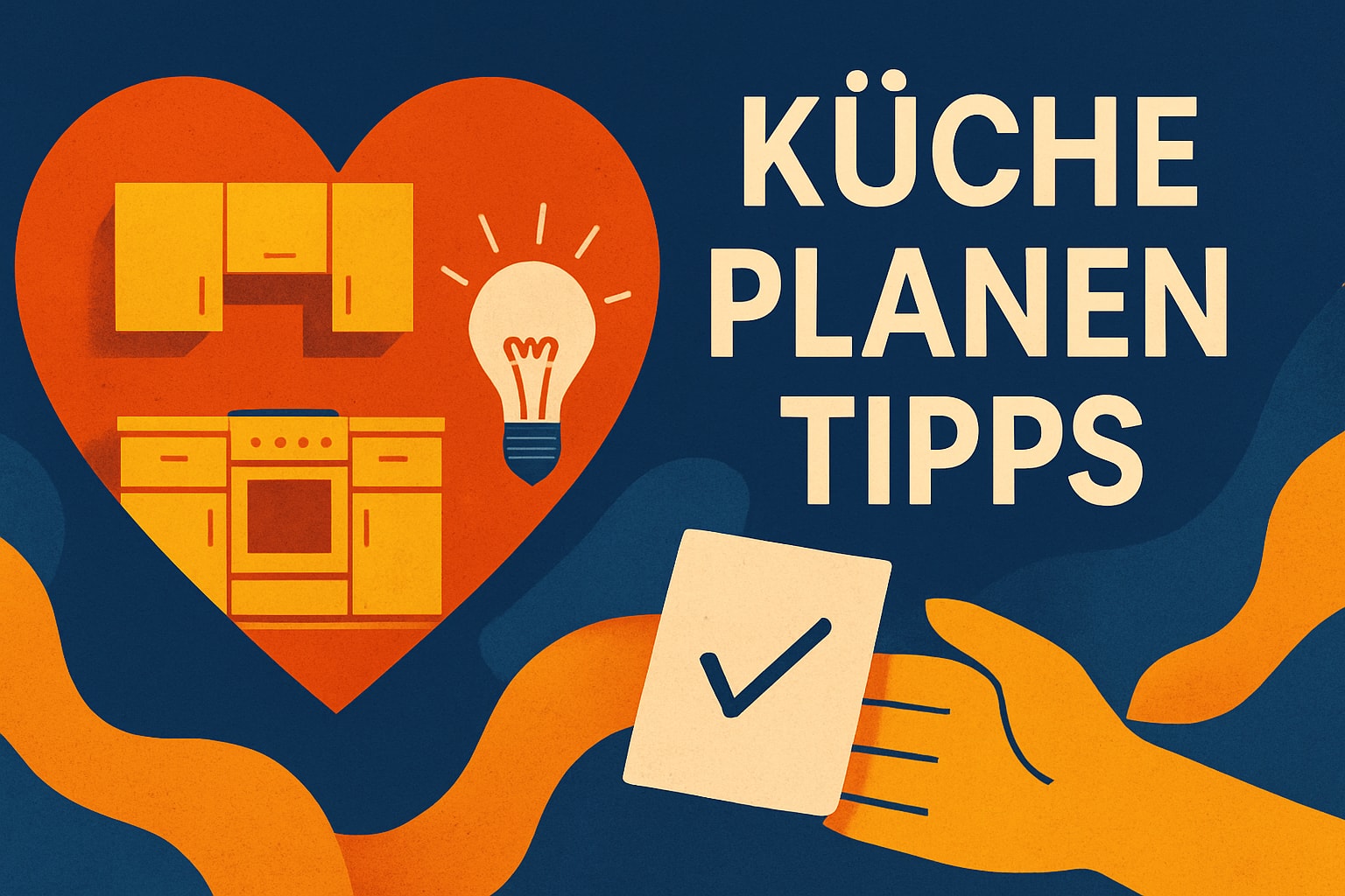 Küchenstudio Illustration eines Herzens mit Küchenschränken, einem Ofen und einer Glühbirne, daneben der deutsche Text "Küche Planen Tipps" und eine Hand, die eine Karte mit einem Häkchen hält.