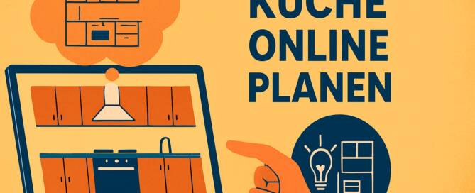 Küchenstudio Illustration einer Hand, die auf einen Laptop-Bildschirm zeigt, auf dem ein Küchenplan abgebildet ist, mit dem deutschen Text: "Küche online planen".