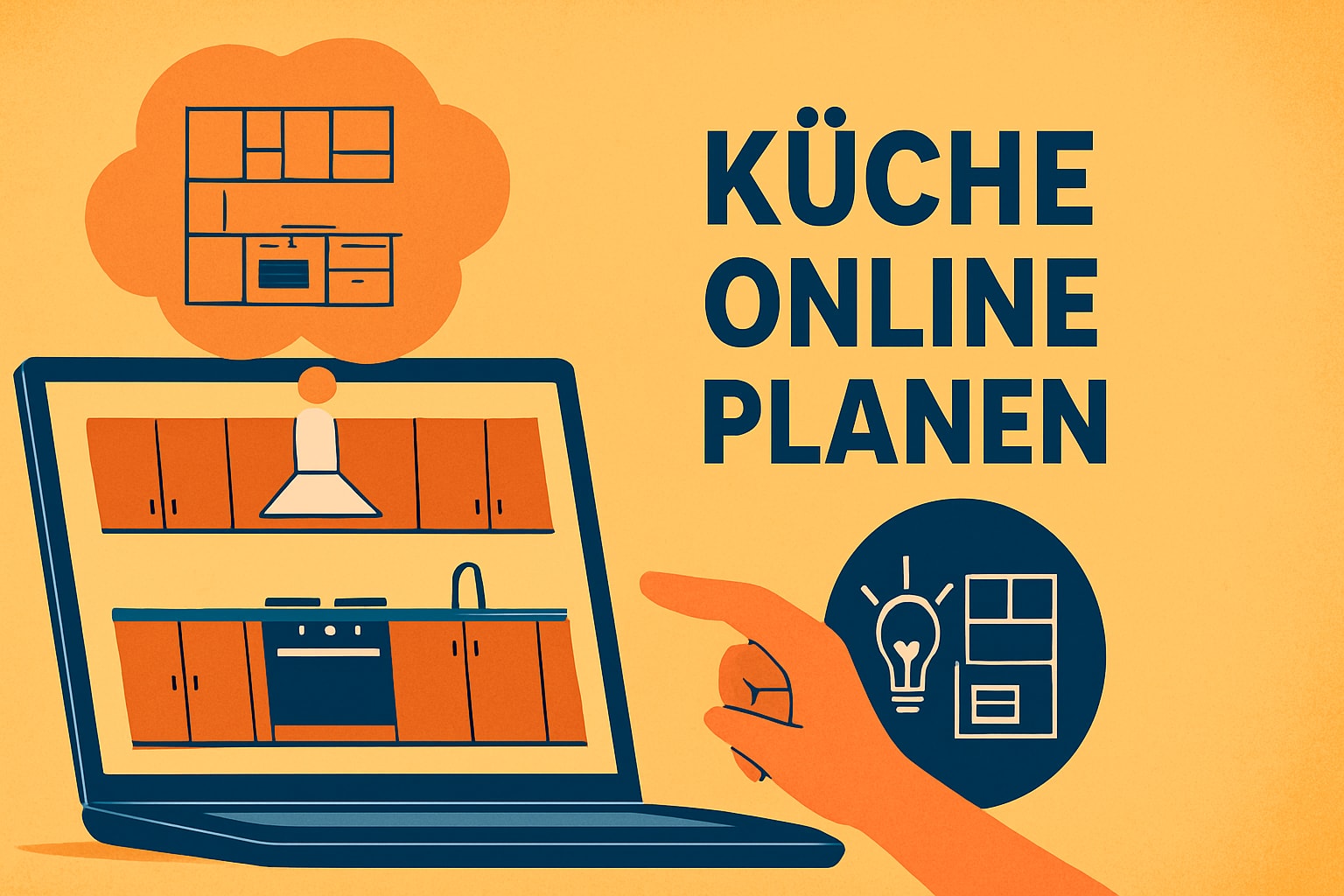 Küchenstudio Illustration einer Hand, die auf einen Laptop-Bildschirm zeigt, auf dem ein Küchenplan abgebildet ist, mit dem deutschen Text: "Küche online planen".