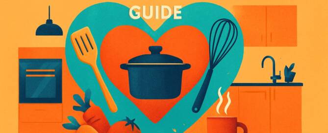 Küchenstudio Illustration einer Küchenszene mit Utensilien, Gemüse, einem Kaffeebecher und dem Text "Küchenexperte Guide 2026" in fetten Buchstaben.