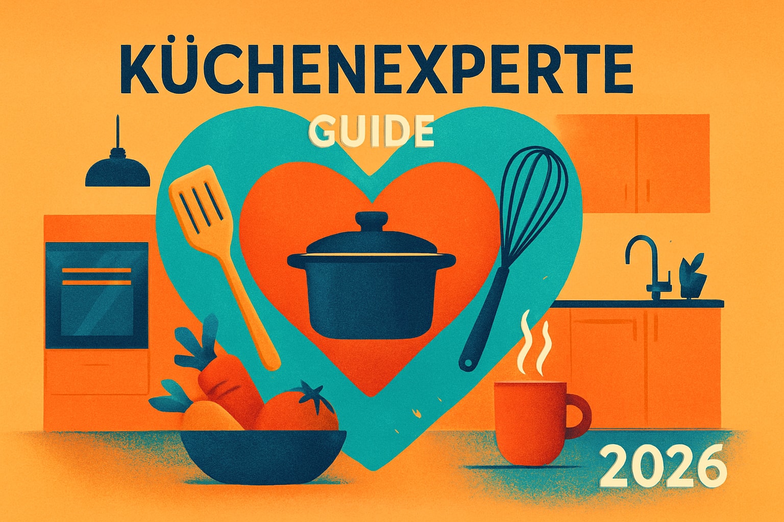 Küchenstudio Illustration einer Küchenszene mit Utensilien, Gemüse, einem Kaffeebecher und dem Text "Küchenexperte Guide 2026" in fetten Buchstaben.