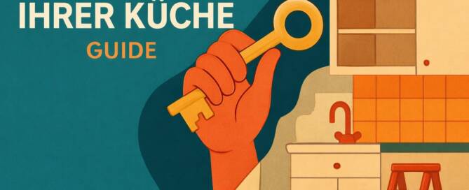 Küchenstudio Illustration einer Hand, die einen großen Schlüssel neben Küchenschränken, einem Waschbecken und einer Trittleiter hält, mit dem deutschen Text "Sanierung Ihrer Küche Guide".
