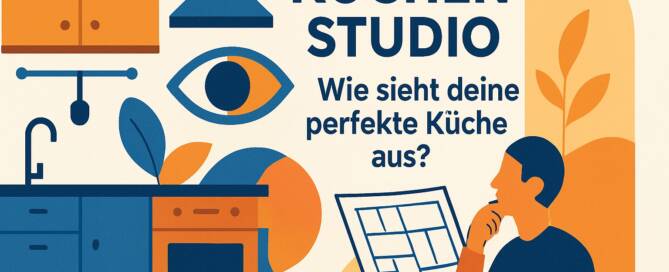 Küchenstudio Illustration einer Person, die einen Küchenplan hält, mit Küchenelementen und dem deutschen Text "Küchenstudio. Wie sieht deine perfekte Küche aus?" in Blau- und Orangetönen.