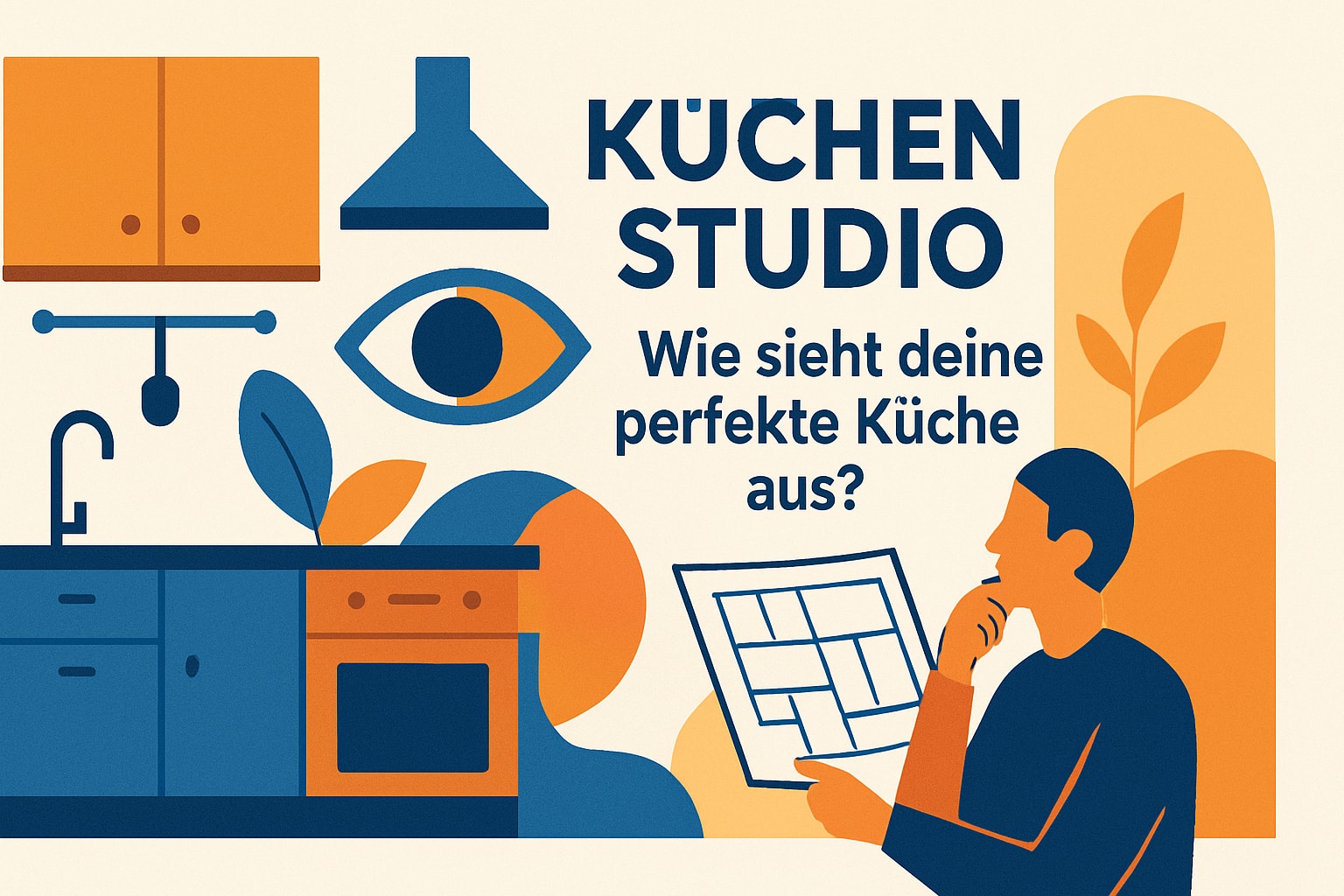 Küchenstudio Illustration einer Person, die einen Küchenplan hält, mit Küchenelementen und dem deutschen Text "Küchenstudio. Wie sieht deine perfekte Küche aus?" in Blau- und Orangetönen.
