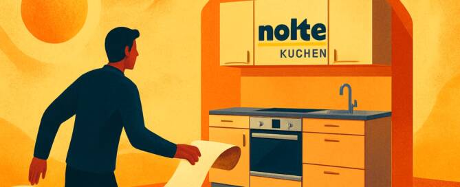 Küchenstudio Ein Mann mit einer langen Quittung geht auf eine moderne Kücheneinrichtung mit Schränken mit der Aufschrift "nolte KÜCHEN" in einem warmen, gelb-orangefarbenen Raum zu.