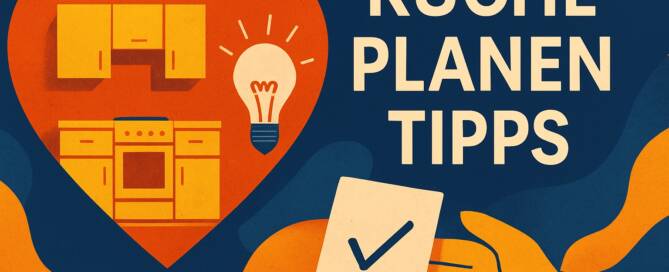 Küchenstudio Illustration von Küchenschränken, Herd und Glühbirne in einer Herzform, mit dem deutschen Text "Küche Planen Tipps" und einer Hand, die eine Karte mit einem Häkchen hält.