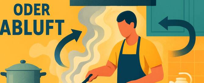 Küchenstudio Illustration einer Person, die an einem Herd kocht, mit sichtbarem Dampf, Pfeilen, die die Luftzirkulation anzeigen, und dem deutschen Text "UMLUFT ODER ABLUFT" auf gelbem Hintergrund.
