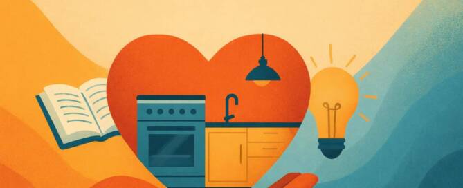 Küchenstudio Eine illustrierte Hand hält ein Herz mit Herd, Spüle und Schränken, mit einem aufgeschlagenen Buch auf der linken Seite und einer leuchtenden Glühbirne auf der rechten Seite; der Text lautet "KÜCHEN AKTUELL".