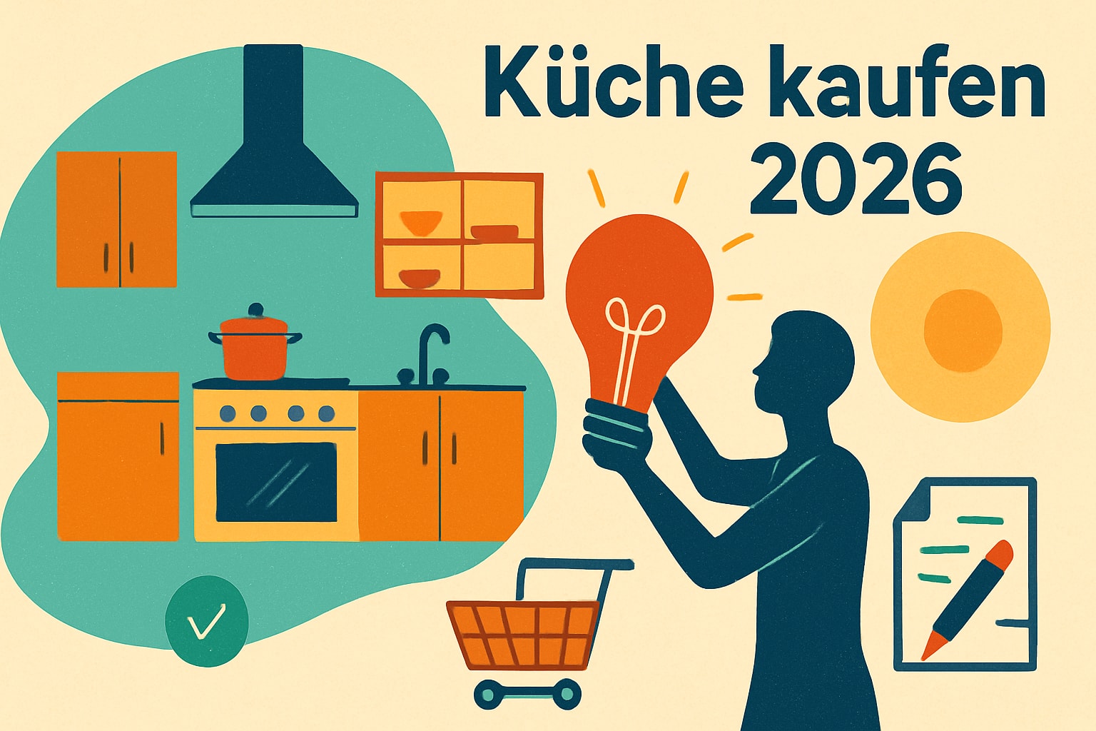 Küchenstudio Illustration, die eine Kücheneinrichtung, eine Person mit einer Glühbirne, einen Einkaufswagen und eine Checkliste zeigt, mit dem Text "Küche kaufen 2026" in Deutsch.