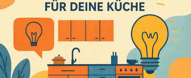 Küchenstudio Illustration einer Küche mit orangefarbenen und blauen Schränken, einem Herd, Pflanzen und großen Glühbirnen, darüber der Text "10 stilvolle Ideen für deine Küche".