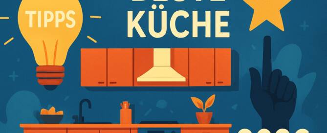 Küchenstudio Illustration einer modernen Küche mit deutschem Text "Tipps Beste Küche 2026" und einer Hand, die auf einen Stern zeigt.