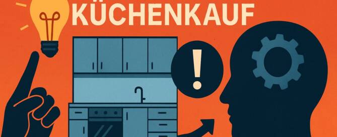 Küchenstudio Illustration mit dem Text "Tipps beim Küchenkauf", einer Küche, einer Hand, die auf eine Glühbirne zeigt, und einer Kopfsilhouette mit einem Zahnradsymbol und einem Ausrufezeichen.