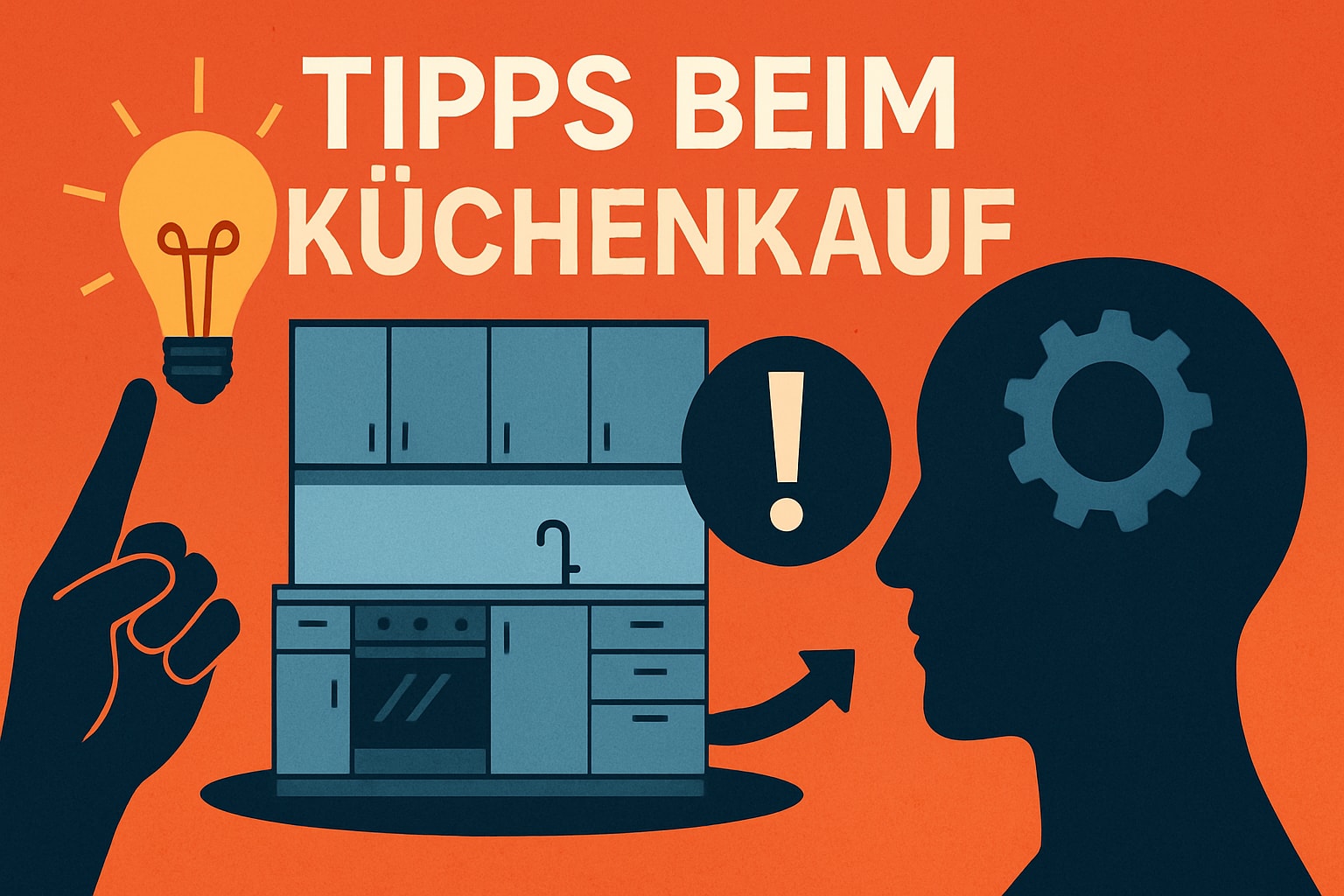 Küchenstudio Illustration mit dem Text „Tipps beim Küchenkauf“, einer Küche, einer Hand, die auf eine Glühbirne zeigt, und einer Kopfsilhouette mit einem Zahnradsymbol und einem Ausrufezeichen. Küchenstudio Illustration mit dem Text "Tipps beim Küchenkauf", einer Küche, einer Hand, die auf eine Glühbirne zeigt, und einer Kopfsilhouette mit einem Zahnradsymbol und einem Ausrufezeichen.