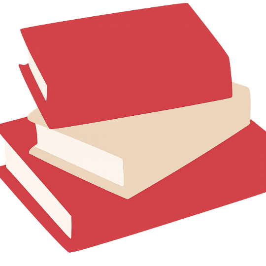 Küchenstudio Eine digitale Illustration von drei geschlossenen Büchern, die übereinander gestapelt sind, mit zwei roten und einem beigen Einband.