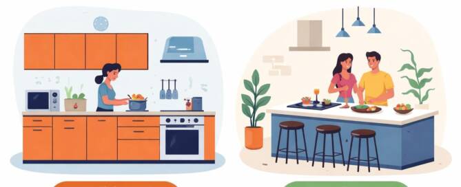 Küchenstudio Vergleich zweier Küchen: links eine Frau, die in einer traditionellen, geradlinigen Küche kocht, und rechts ein Paar, das gemeinsam an einer modernen Kücheninsel das Essen zubereitet.