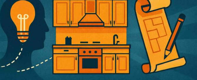 Küchenstudio Die Illustration zeigt eine Küche, einen Bauplan und den Text "Eine Küche bauen 2026", der die Planung einer Küche für das Jahr 2026 symbolisiert.