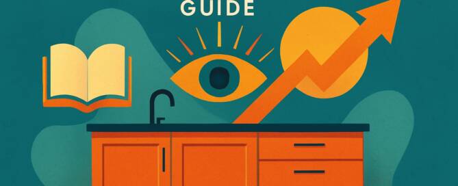 Küchenstudio Illustration einer Küchenarbeitsplatte mit einem aufgeschlagenen Buch, einem Auge und einem Pfeil nach oben, unter dem Titel "FRONT KÜCHE GUIDE" auf einem blaugrünen Hintergrund.