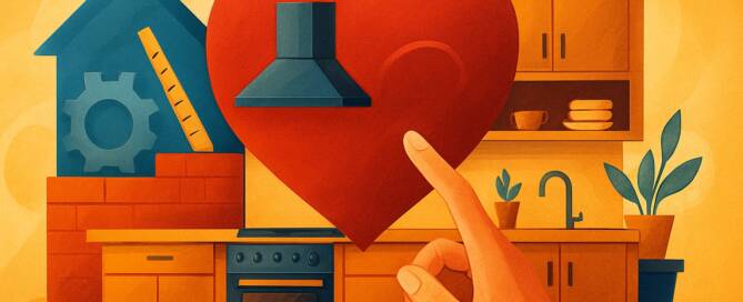 Küchenstudio Eine Hand berührt ein großes rotes Herz in einer stilisierten Küche mit Schränken, Ofen, Dunstabzugshaube und Hauselementen im Hintergrund.