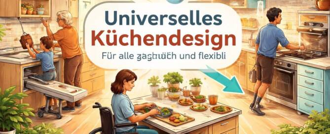 Küchenstudio Eine Küchenszene, die Menschen unterschiedlichen Alters und mit unterschiedlichen Fähigkeiten beim Kochen zeigt, darunter eine Frau im Rollstuhl. Der Text in deutscher Sprache wirbt für ein universelles Küchendesign für Barrierefreiheit und Flexibilität.