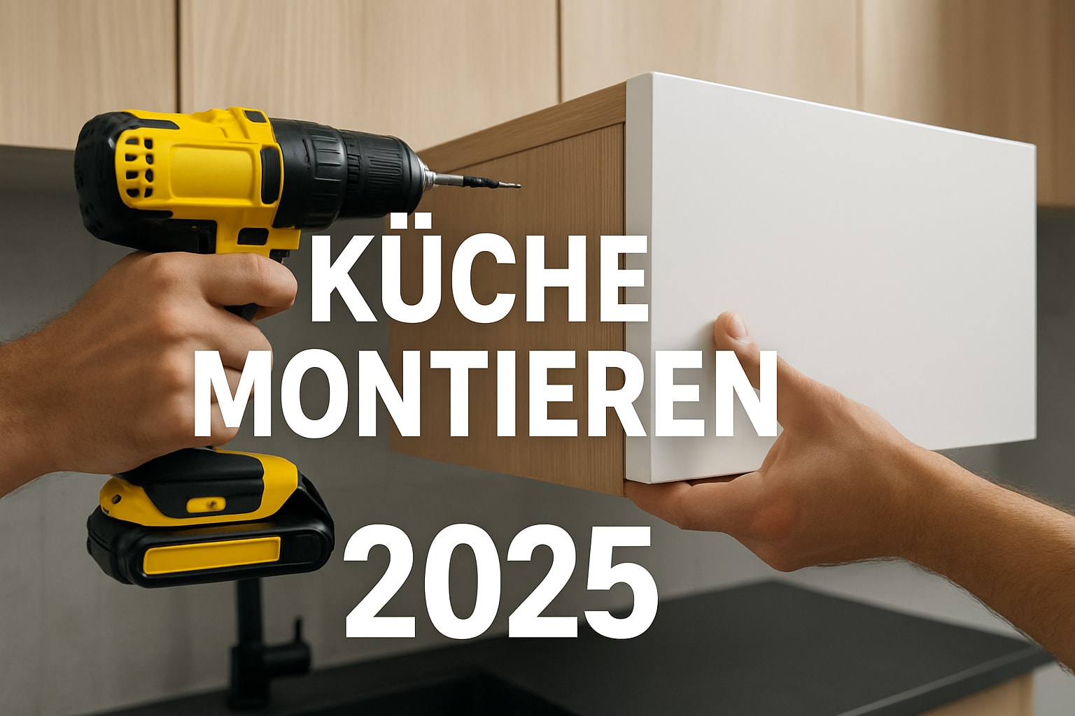 Küchenstudio Zwei Hände montieren einen Küchenschrank mit einem Akkubohrer; fettgedruckter Text in Deutsch lautet "Küche Montieren 2025".