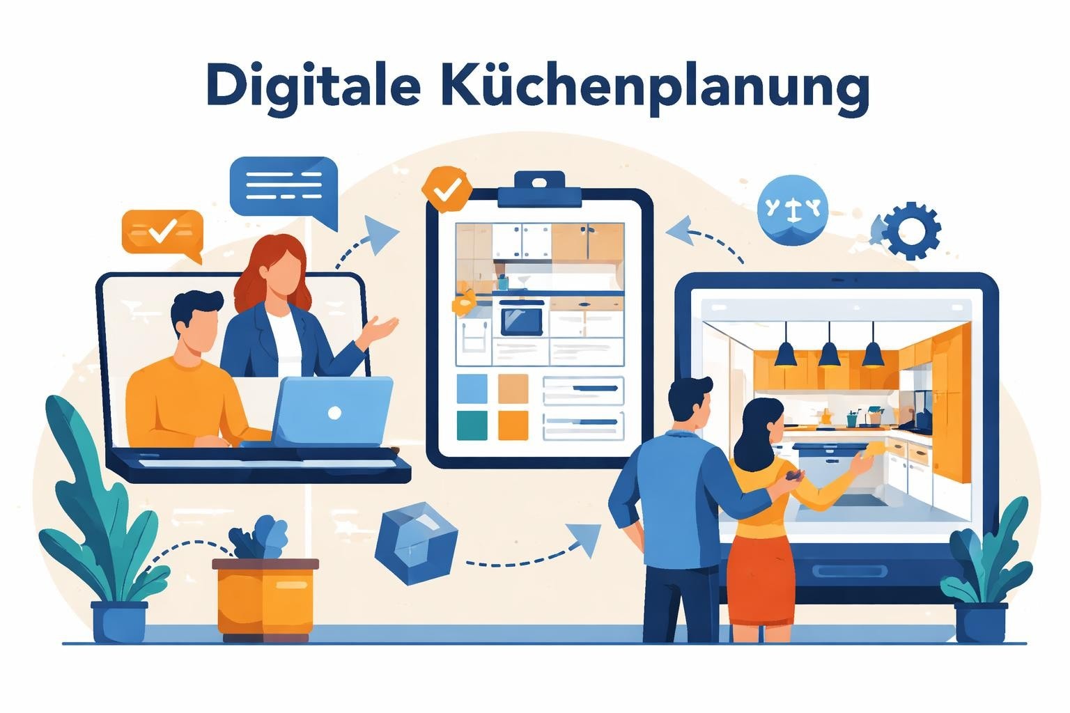 Küchenstudio Illustration eines Paares, das einen digitalen Küchenentwurf auf einem Tablet betrachtet, während Planer Details auf Laptops besprechen und Entwurfspläne auf Klemmbrettern gezeigt werden. Küchenstudio Illustration eines Paares, das einen digitalen Küchenentwurf auf einem Tablet betrachtet, während Planer Details auf Laptops besprechen und Entwurfspläne auf Klemmbrettern gezeigt werden.