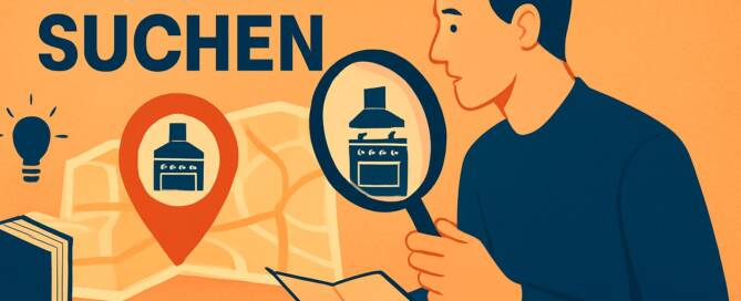 Küchenstudio Illustration einer Person, die eine Karte und eine Lupe in der Hand hält und nach Küchen auf einer Karte sucht. Im deutschen Text wird erläutert, warum die Suche nach Küchen im Jahr 2026 an Bedeutung gewinnen wird.