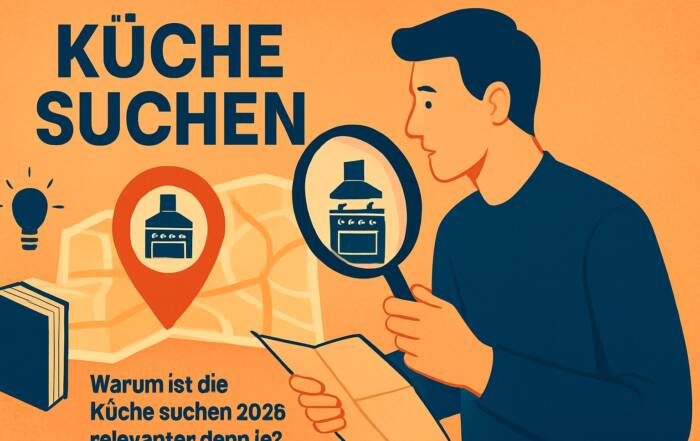Küchenstudio Illustration einer Person, die eine Karte und eine Lupe in der Hand hält und nach Küchen auf einer Karte sucht. Im deutschen Text wird erläutert, warum die Suche nach Küchen im Jahr 2026 an Bedeutung gewinnen wird.