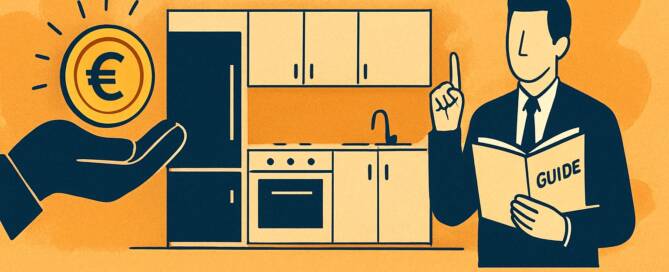 Küchenstudio Illustration mit einer Küche, einer Hand, die eine Euro-Münze hält, und einer Person mit einem Reiseführer, mit deutschem Text über den Verkauf gebrauchter Küchen gegen Bargeld.