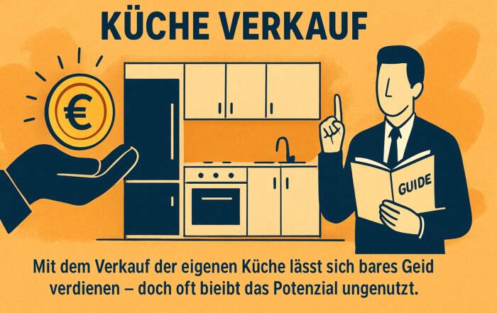 Küchenstudio Illustration mit einer Küche, einer Hand, die eine Euro-Münze hält, und einer Person mit einem Reiseführer, mit deutschem Text über den Verkauf gebrauchter Küchen gegen Bargeld.