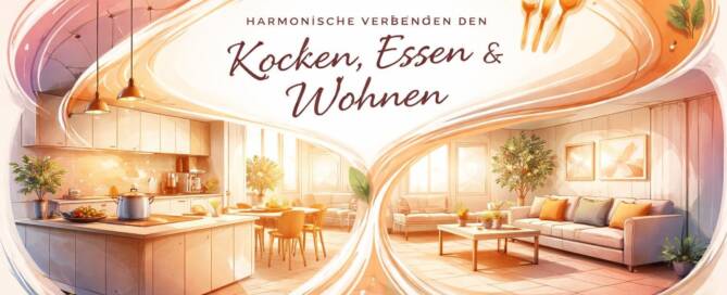 Küchenstudio Moderne Küche und Wohnzimmer mit sanfter Beleuchtung und Pflanzen, umgeben von künstlerischen Strudeln. Der deutsche Text lautet: "Harmonische verbinden den Kochen, Essen & Wohnen.