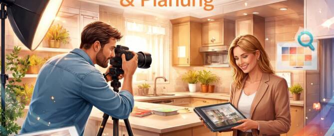 Küchenstudio Ein Fotograf fotografiert eine moderne Küche, während eine Frau ein Tablet mit Küchenplänen in der Hand hält; der deutsche Text lautet "Küchenfotografie & Planung".