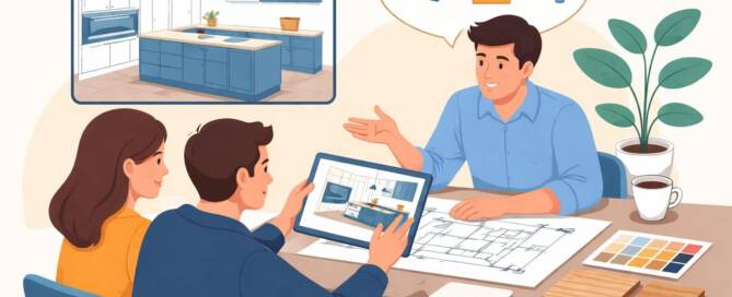 Küchenstudio Ein Ehepaar bespricht die Pläne für die Küchenrenovierung mit einem Designer, der an einem Tisch Grundrisse, Farbmuster und Materialproben begutachtet.