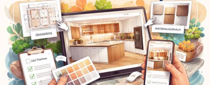 Küchenstudio Ein digitaler Arbeitsbereich, der die Online-Küchenplanung zeigt, mit einem Tablet, auf dem ein Küchenentwurf, Grundrisse, Materialmuster und eine Farbpalette angezeigt werden, die von den Händen gehalten werden.