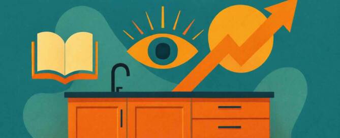 Küchenstudio Illustration eines Küchenschranks mit einer Spüle, einem aufgeschlagenen Buch, einem Auge, einem aufsteigenden Pfeil und dem Wort "KÜCHENFRONTEN" in fetten Buchstaben darüber.