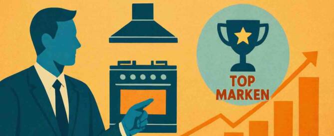 Küchenstudio Illustration einer Person, die auf Küchengeräte zeigt, eine Trophäe mit der Aufschrift "Top Marken", eine ansteigende Kurve und den Text "Küchenhersteller 2026" auf orangefarbenem Hintergrund.