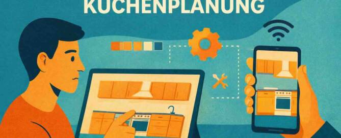 Küchenstudio Eine Person entwirft mit einem Tablet einen Küchenplan, während sie ein Smartphone hält, das denselben Plan anzeigt. Der Text lautet "Digitale Küchenplanung.