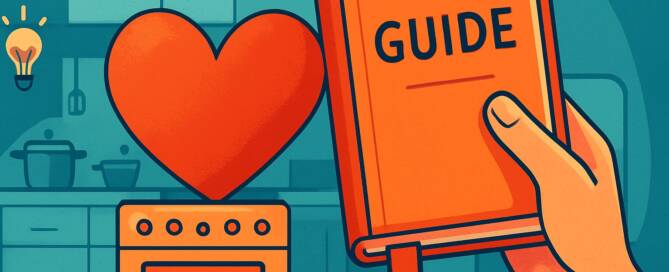 Küchenstudio Illustration einer Küche mit einem Herz auf einem Herd und einer Hand, die ein Buch mit der Aufschrift "Guide" hält, als Symbol für das Kochen mit Liebe und das Befolgen von Anweisungen.