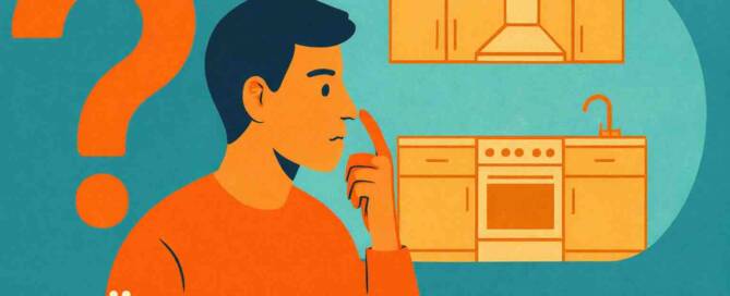 Küchenstudio Illustration einer denkenden Person vor Küchenschränken und -geräten, mit einem großen Fragezeichen und dem Text "KÜCHENSUCHE IN 2026".