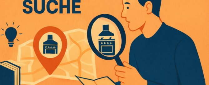 Küchenstudio Eine illustrierte Person untersucht eine Karte mit einer Lupe und sucht nach Küchen. Der deutsche Text lautet "KÜCHENSUCHE" und erörtert die Relevanz der Küchensuche im Jahr 2026.