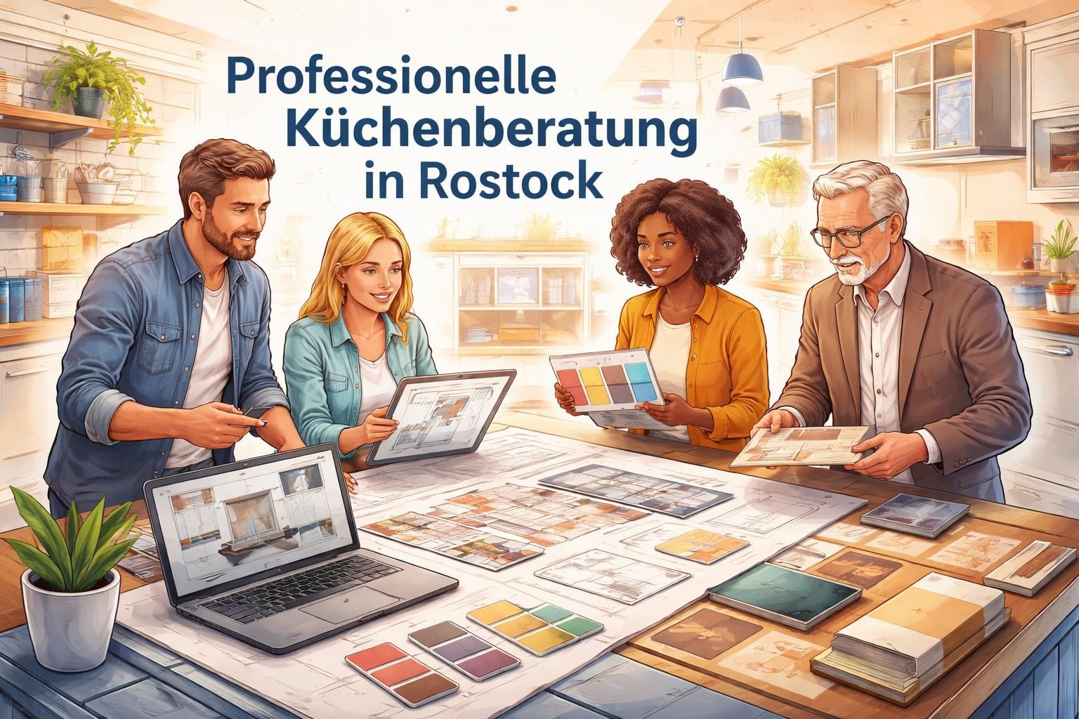 Küchenstudio Vier Personen diskutieren an einem Tisch mit Farbmustern, Tablets und einem Laptop über Küchenplanung. Über ihnen steht der Text „Professionelle Küchenberatung in Rostock“. Küchenstudio Vier Personen diskutieren an einem Tisch mit Farbmustern, Tablets und einem Laptop über Küchenplanung. Über ihnen steht der Text "Professionelle Küchenberatung in Rostock".