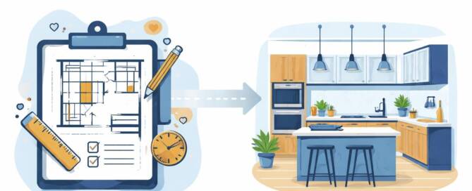Küchenstudio Die Illustration zeigt ein Klemmbrett mit einem Küchenplan und Werkzeugen auf der linken Seite und ein modernes Küchendesign auf der rechten Seite, das eine personalisierte Küchenplanung darstellt.