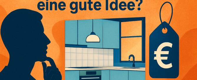 Küchenstudio Illustration mit einer denkenden Person, einer modernen Küche und einem Preisschild mit einem Euro-Symbol. Der Text auf Deutsch lautet: "Sind Ausstellungsküchen eine gute Idee?.
