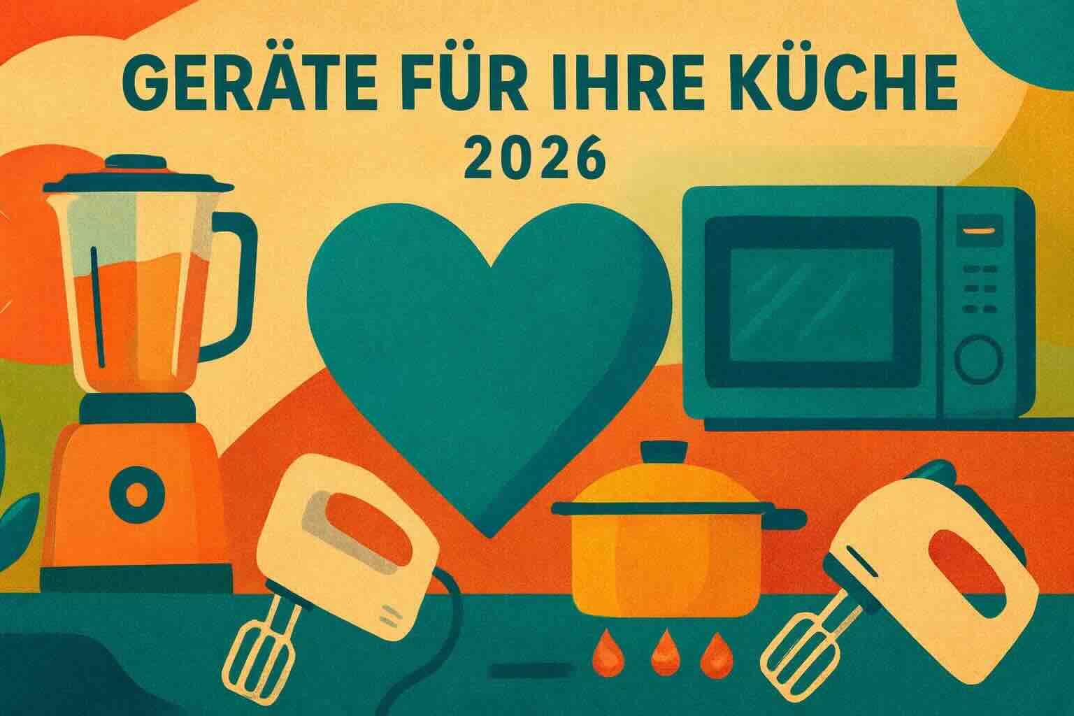 Küchenstudio Illustration von Küchengeräten, darunter ein Mixer, eine Mikrowelle, ein Handmixer und ein Topf, mit dem Text "Geräte für Ihre Küche 2026" oben und einem grünen Herz in der Mitte.