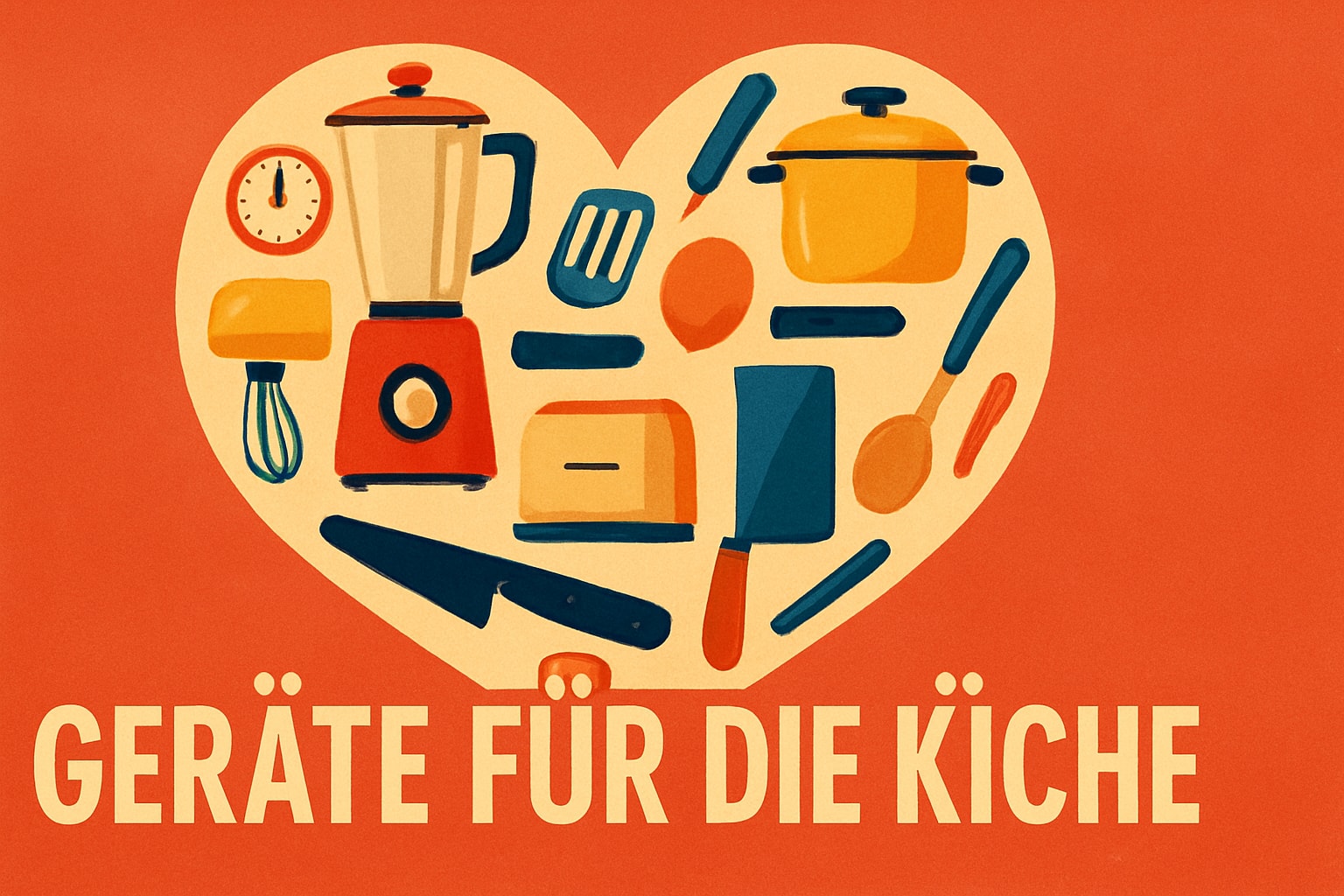 Küchenstudio Eine Herzform, gefüllt mit bunten Küchenutensilien und -geräten, darunter ein Mixer, ein Schneebesen, ein Messer und eine Pfanne, mit dem deutschen Text "GERÄTE FÜR DIE KÜCHE" darunter.