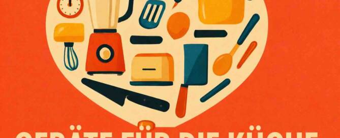 Küchenstudio Eine herzförmige Collage von Küchengeräten und -utensilien über dem deutschen Text "Geräte für die Küche" auf orangefarbenem Hintergrund.