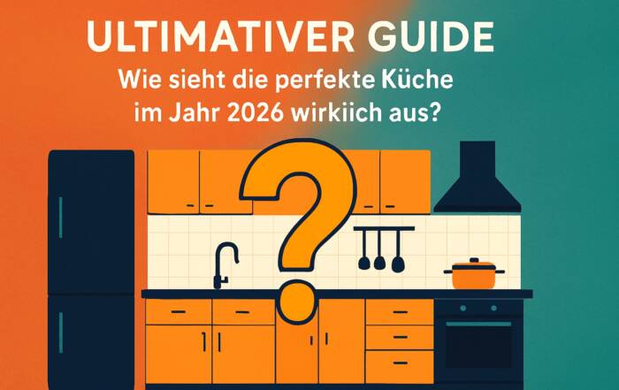 Küchenstudio Illustration einer modernen Küche mit orangefarbenen Schränken, einem Herd, einer Spüle und einem großen Fragezeichen in der Mitte. Der deutsche Text fragt nach dem perfekten Küchendesign für 2026.